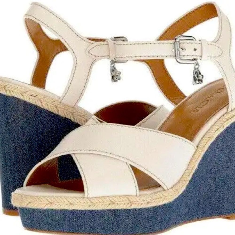 Coach Eaton Chalk Leather Denim Wedge Sandals Size 8.5 brand new